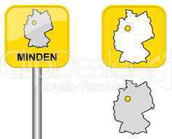 Ortsschild, Deutschlandkarte und Button von Minden