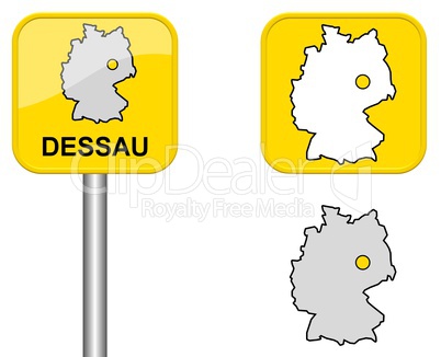 Ortsschild, Deutschlandkarte und Button von Dessau