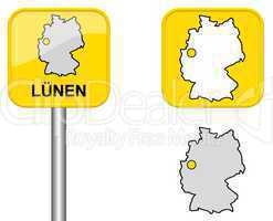 Ortsschild, Deutschlandkarte und Button von Lünen