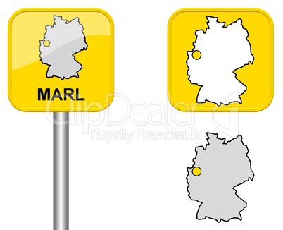 Ortsschild, Deutschlandkarte und Button von Marl