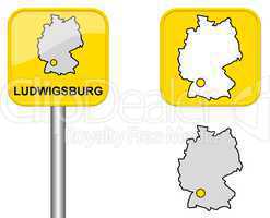 Ortsschild, Deutschlandkarte und Button von Ludwigsburg