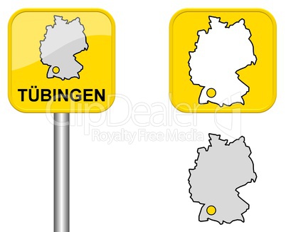 Ortsschild, Deutschlandkarte und Button von Tübingen