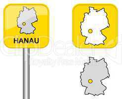 Ortsschild, Deutschlandkarte und Button von Hanau