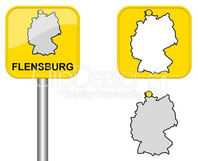 Ortsschild, Deutschlandkarte und Button von Flensburg