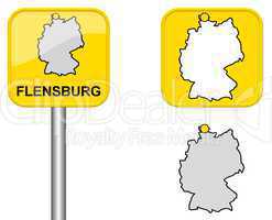 Ortsschild, Deutschlandkarte und Button von Flensburg