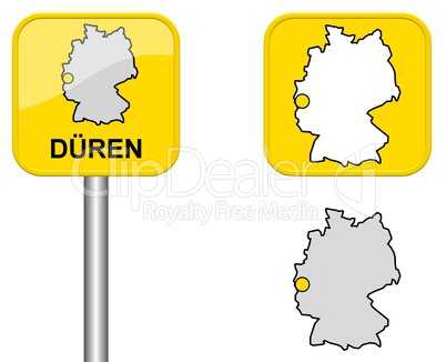 Ortsschild, Deutschlandkarte und Button von Düren