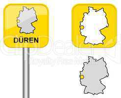 Ortsschild, Deutschlandkarte und Button von Düren