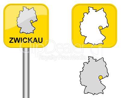 Ortsschild, Deutschlandkarte und Button von Zwickau