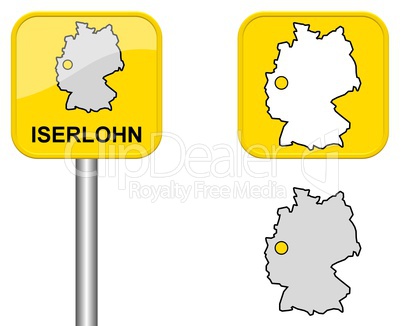 Ortsschild, Deutschlandkarte und Button von Iserlohn