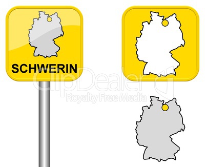 Ortsschild, Deutschlandkarte und Button von Schwerin