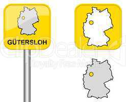 Ortsschild, Deutschlandkarte und Button von Gütersloh