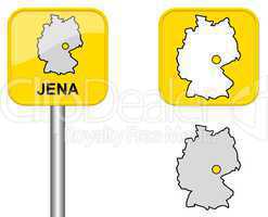 Ortsschild, Deutschlandkarte und Button von Jena