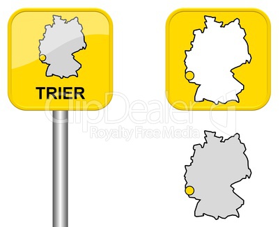 Ortsschild, Deutschlandkarte und Button von Trier