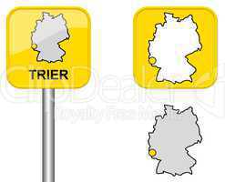 Ortsschild, Deutschlandkarte und Button von Trier