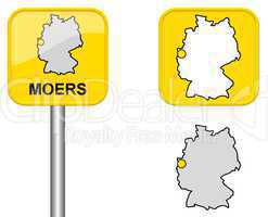 Ortsschild, Deutschlandkarte und Button von Moers