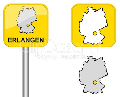 Ortsschild, Deutschlandkarte und Button von Erlangen