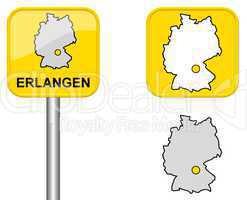 Ortsschild, Deutschlandkarte und Button von Erlangen