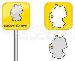Ortsschild, Deutschlandkarte und Button von Bergisch Gladbach