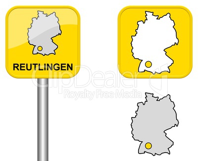 Ortsschild, Deutschlandkarte und Button von Reutlingen