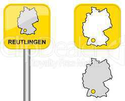 Ortsschild, Deutschlandkarte und Button von Reutlingen
