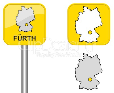 Ortsschild, Deutschlandkarte und Button von Fürth