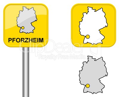 Ortsschild, Deutschlandkarte und Button von Pforzheim