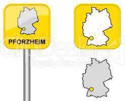 Ortsschild, Deutschlandkarte und Button von Pforzheim