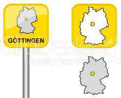 Ortsschild, Deutschlandkarte und Button von Göttingen