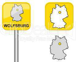 Ortsschild, Deutschlandkarte und Button von