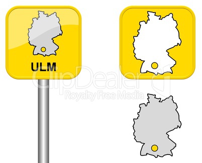 Ortsschild, Deutschlandkarte und Button von Ulm