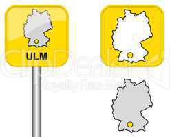 Ortsschild, Deutschlandkarte und Button von Ulm