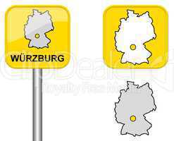 Ortsschild, Deutschlandkarte und Button von Würzburg