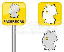 Ortsschild, Deutschlandkarte und Button von Paderborn