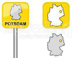 Ortsschild, Deutschlandkarte und Button von Potsdam