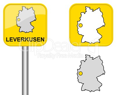 Ortsschild, Deutschlandkarte und Button von Leverkusen