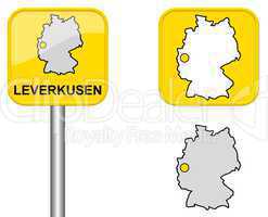 Ortsschild, Deutschlandkarte und Button von Leverkusen