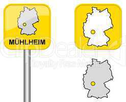 Ortsschild, Deutschlandkarte und Button von Mühlheim