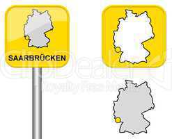 Ortsschild, Deutschlandkarte und Button von Saarbrücken