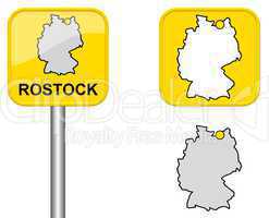 Ortsschild, Deutschlandkarte und Button von Rostock