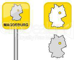 Ortsschild, Deutschlandkarte und Button von Magdeburg