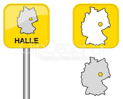 Ortsschild, Deutschlandkarte und Button von Halle