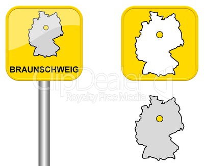 Ortsschild, Deutschlandkarte und Button von Braunschweig