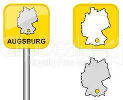 Ortsschild, Deutschlandkarte und Button von Augsburg
