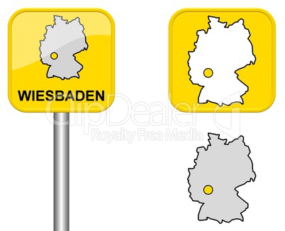 Ortsschild, Deutschlandkarte und Button von Wiesbaden
