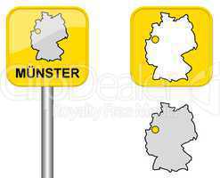 Ortsschild, Deutschlandkarte und Button von Münster
