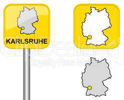 Ortsschild, Deutschlandkarte und Button von Karlsruhe