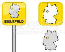 Ortsschild, Deutschlandkarte und Button von Bielefeld