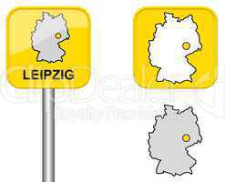 Ortsschild, Deutschlandkarte und Button von Leipzig