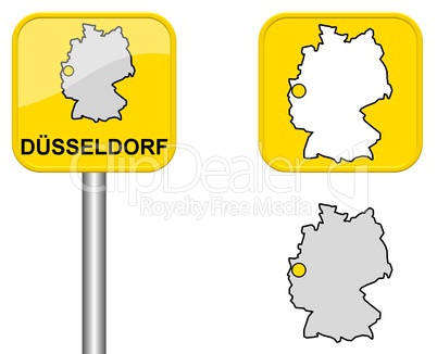 Ortsschild, Deutschlandkarte und Button von Düsseldorf