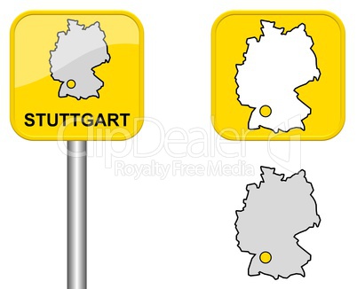 Ortsschild, Deutschlandkarte und Button von Stuttgart
